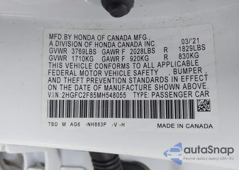 2021 Honda Civic Sport from USA, damaged, VIN 2HGFC2F85MH548055